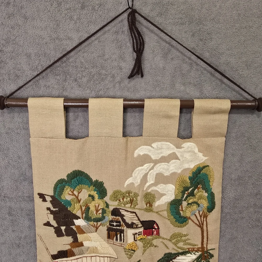 Vintage Wall Hanging Hand Embroidered Farm, Floral and Mill Scene 1960’s
